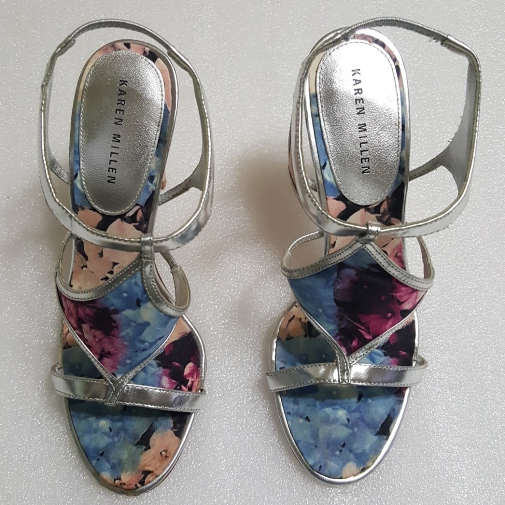 KAREN MILLEN  silver flowers print heels size 37